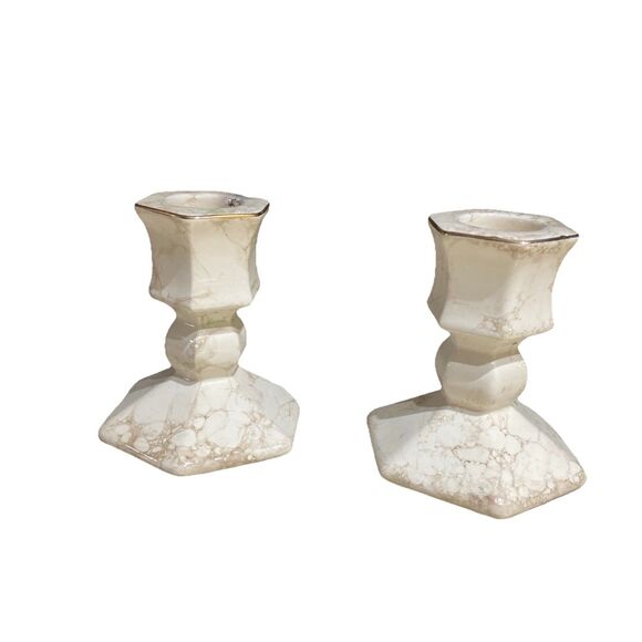 Vintage PartyLite Set of 2 Tan Gold And Beige Marble Look Candlestick Holders - Picture 1 of 6